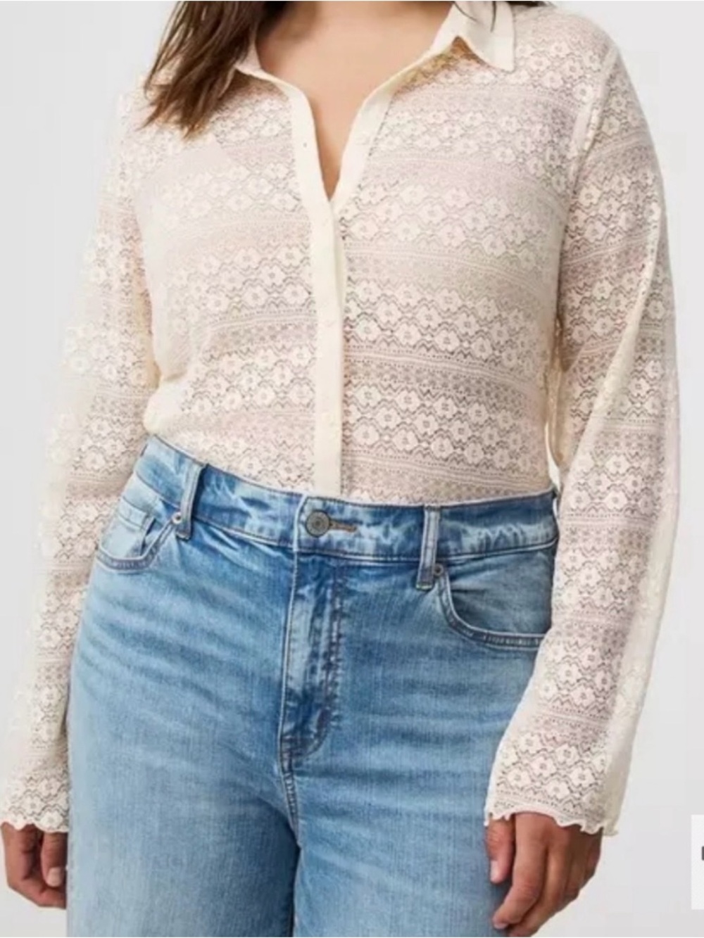 Ivory cream floral lace sheer button up blouse size 2 18/20